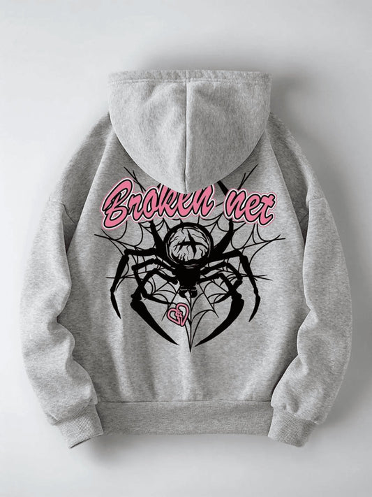 Women's Halloween Spider Print Zip-Up Hoodie – Y2K Drop Shoulder Drawstring Graphic Sweatshirt with Pockets