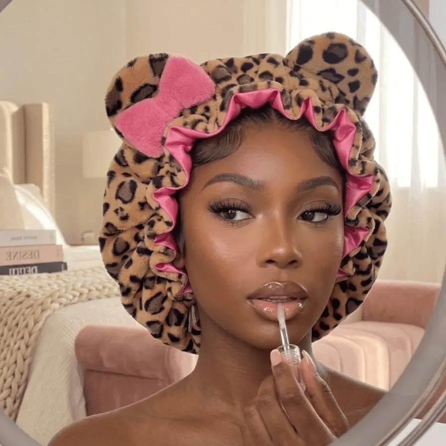 Women's Hooded Sleep Bonnet – Satin Lined Teddy Hair Bonnet with Pink Leopard Print for Curly Hair, Protective Night Cap