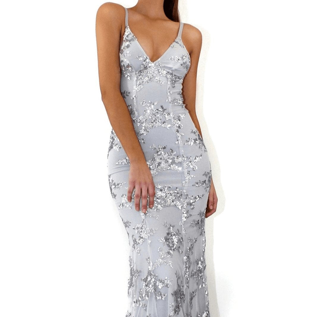 Women's Sequin V-Neck Backless Maxi Dress High Waist Evening Gown