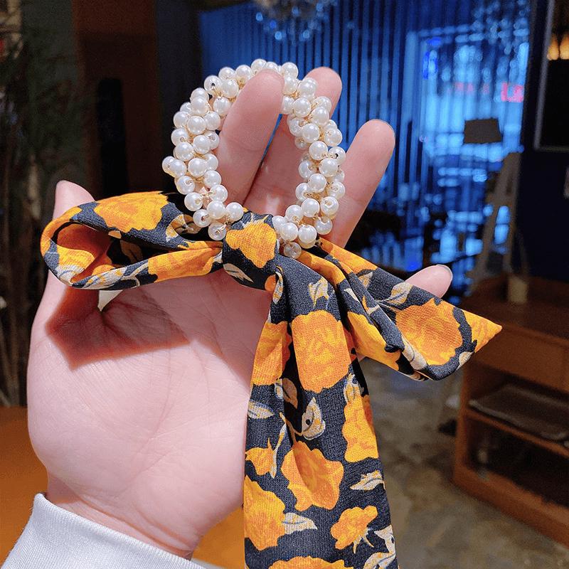 Pearl Bow Hair Tie Floral Ribbon Elastic Ponytail Hair Accessories