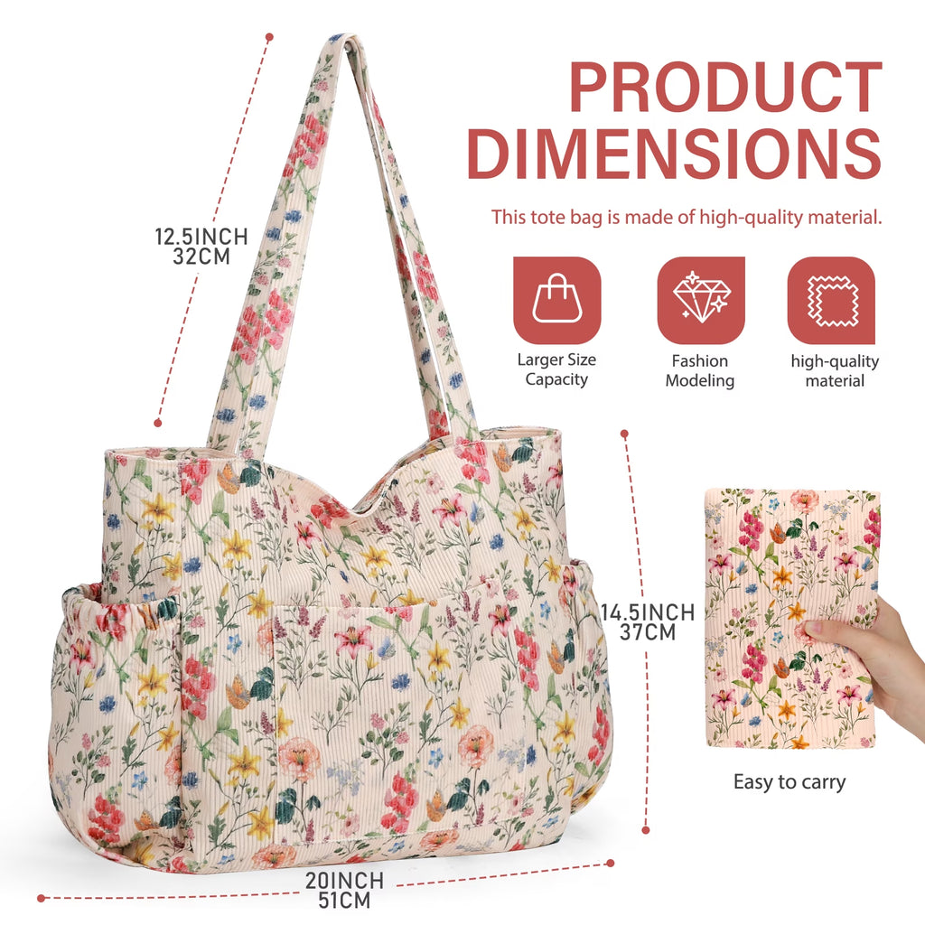 Women's Corduroy Tote Bag Large Capacity Hobo Bag with Pockets