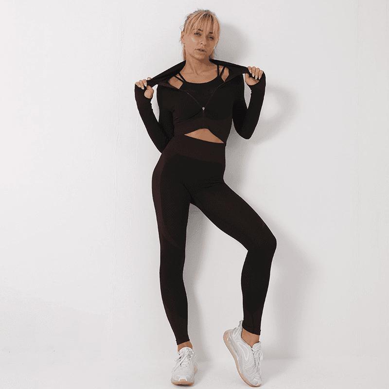 Women’s 3 Piece Seamless Yoga Set, Leggings, Crop Top & Sports Bra