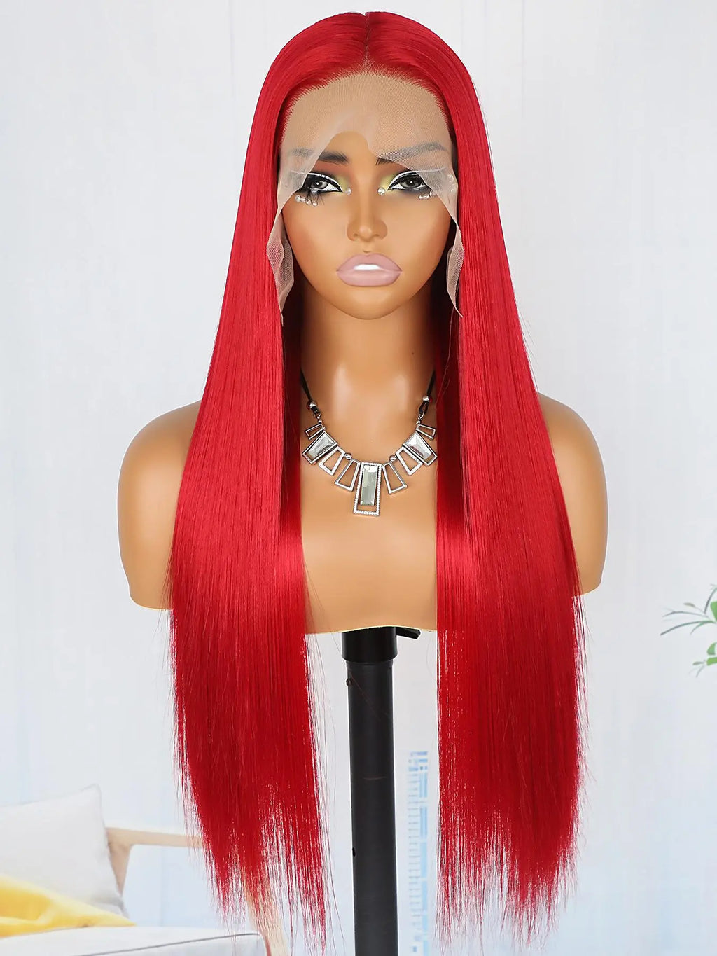 28-Inch Orange Straight Glueless Lace Front Wig – Long Synthetic Hair Wig for Women, Fluffy HD Lace Front