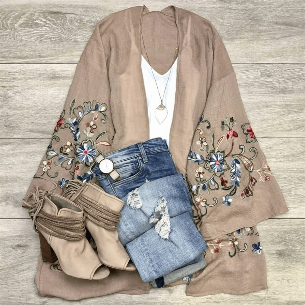 Long Sleeve Embroidered Bohemian Kimono