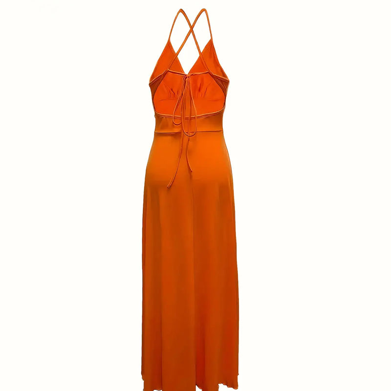 Women's Deep V-Neck Maxi Dress Sleeveless High Slit Backless Gown