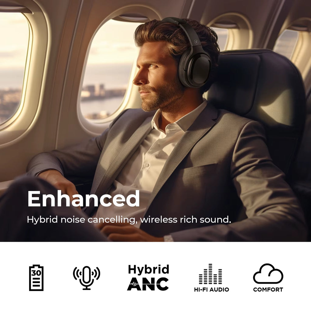 Hybrid Bluetooth 5.3 Wireless Over-Ear Headphones with Mic