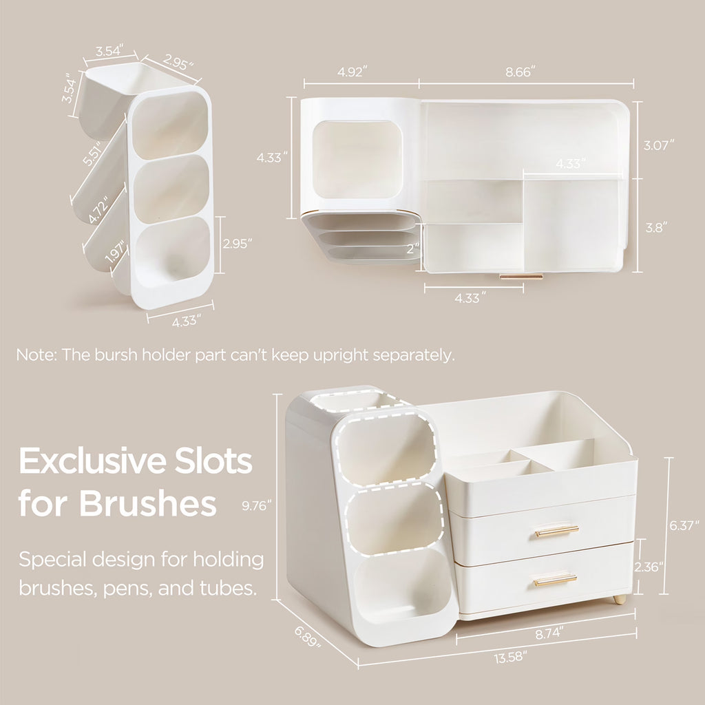 Large Makeup Organizer with Brush Holder White Vanity Storage Case