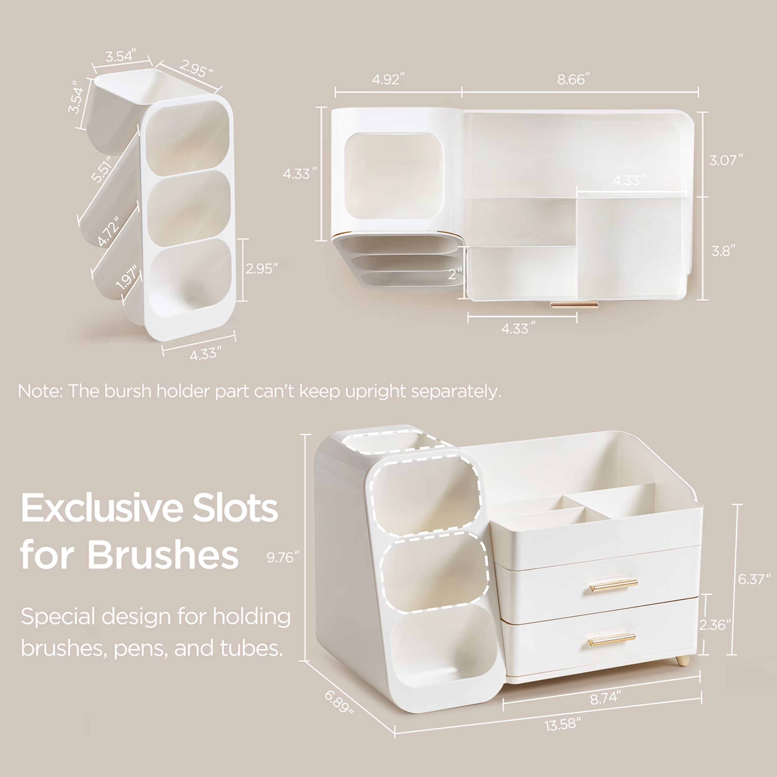Large Makeup Organizer with Brush Holder White Vanity Storage Case