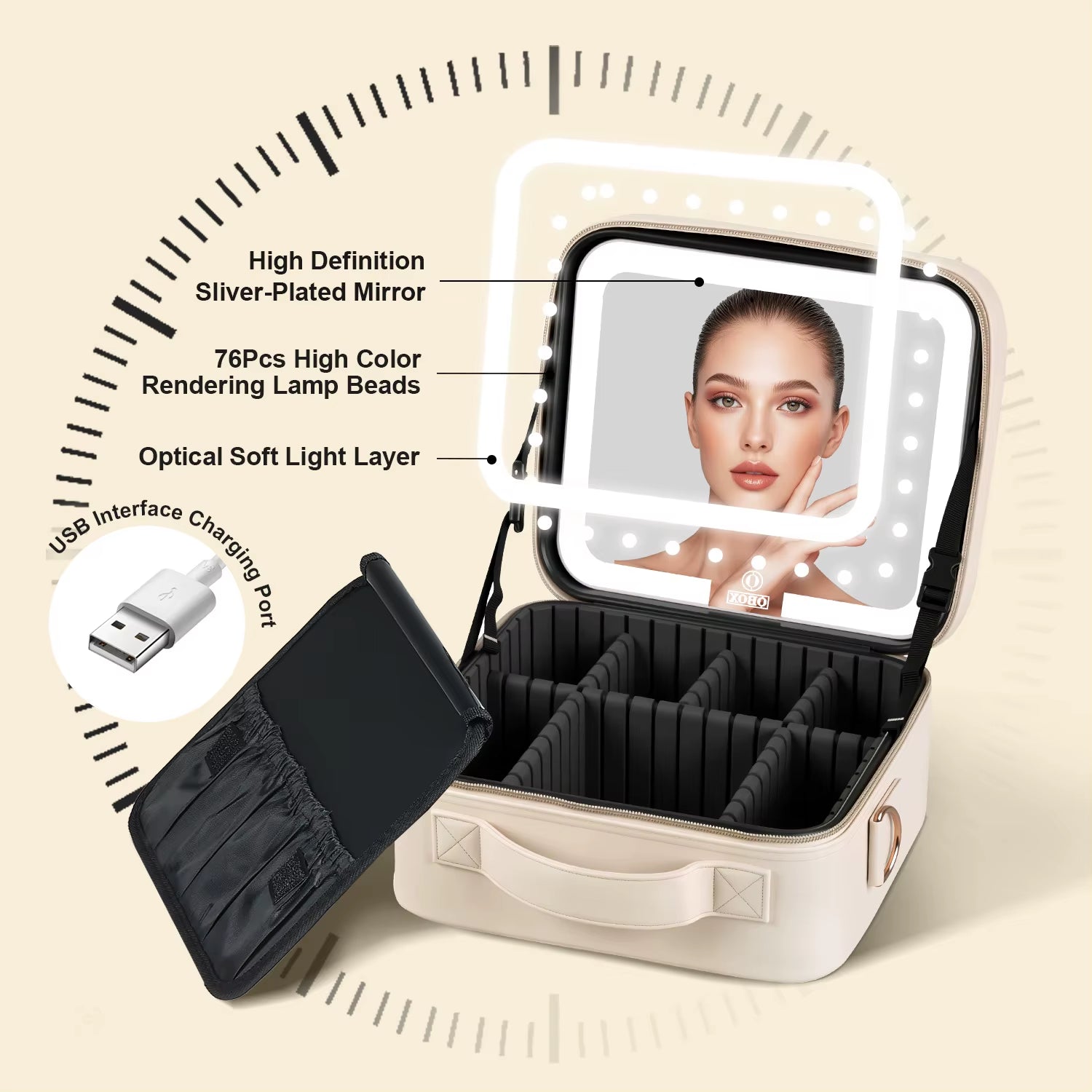 Luxury PU Makeup Bag with LED Mirror Travel Cosmetic Organizer Case