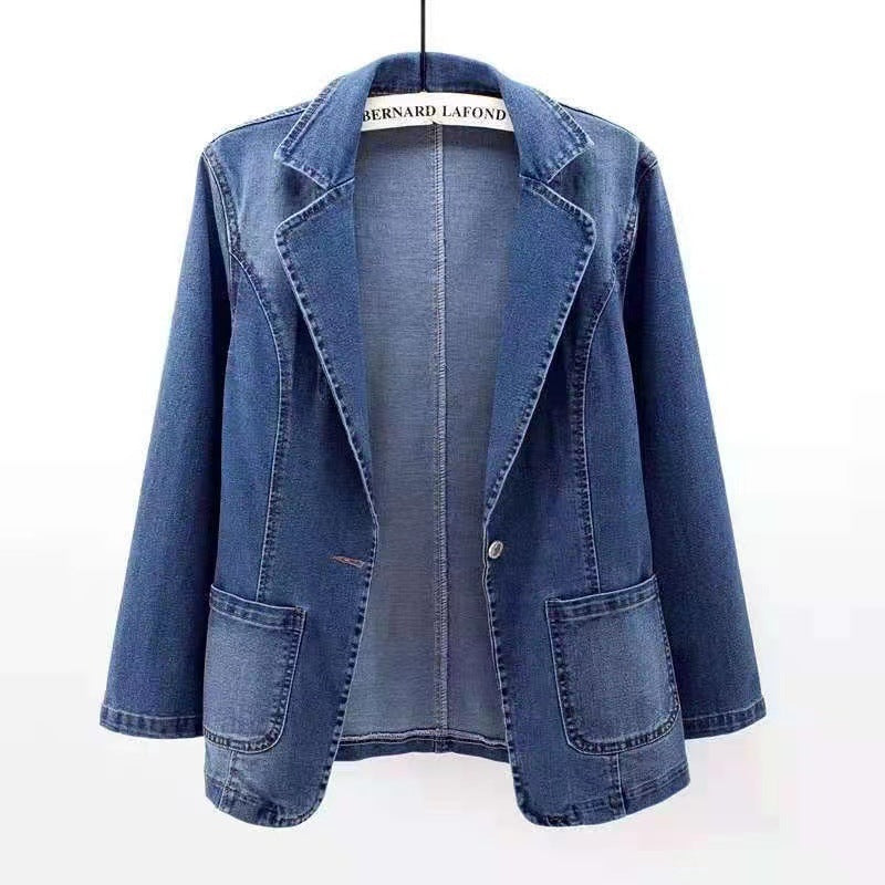Denim Jacket Women'S Slim Fit Suit Collar Solid Color Outerwear One Button Top