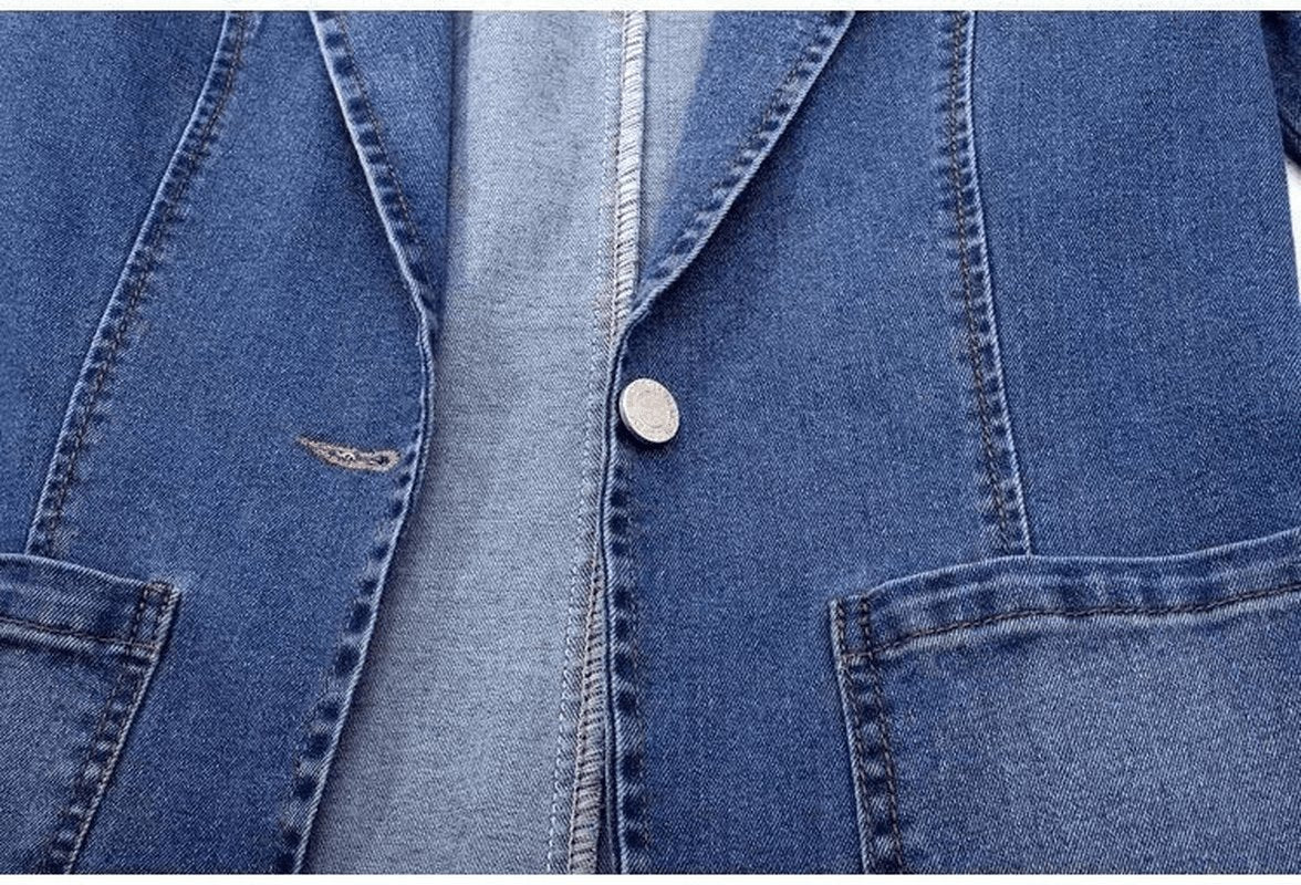 Denim Jacket Women'S Slim Fit Suit Collar Solid Color Outerwear One Button Top