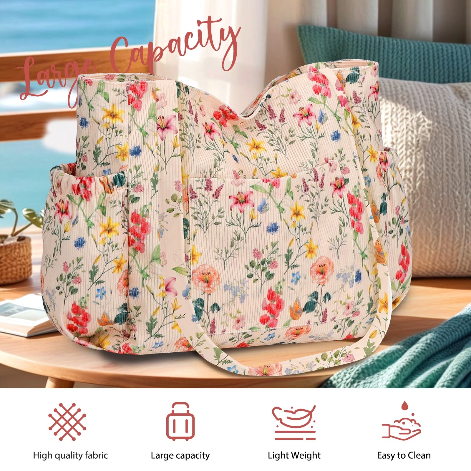 Women's Corduroy Tote Bag Large Capacity Hobo Bag with Pockets