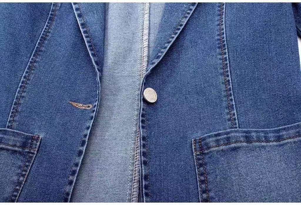 Denim Jacket Women'S Slim Fit Suit Collar Solid Color Outerwear One Button Top