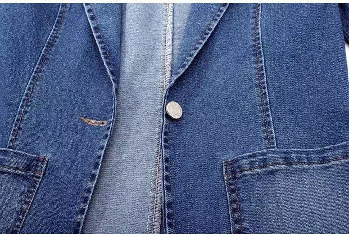 Denim Jacket Women'S Slim Fit Suit Collar Solid Color Outerwear One Button Top