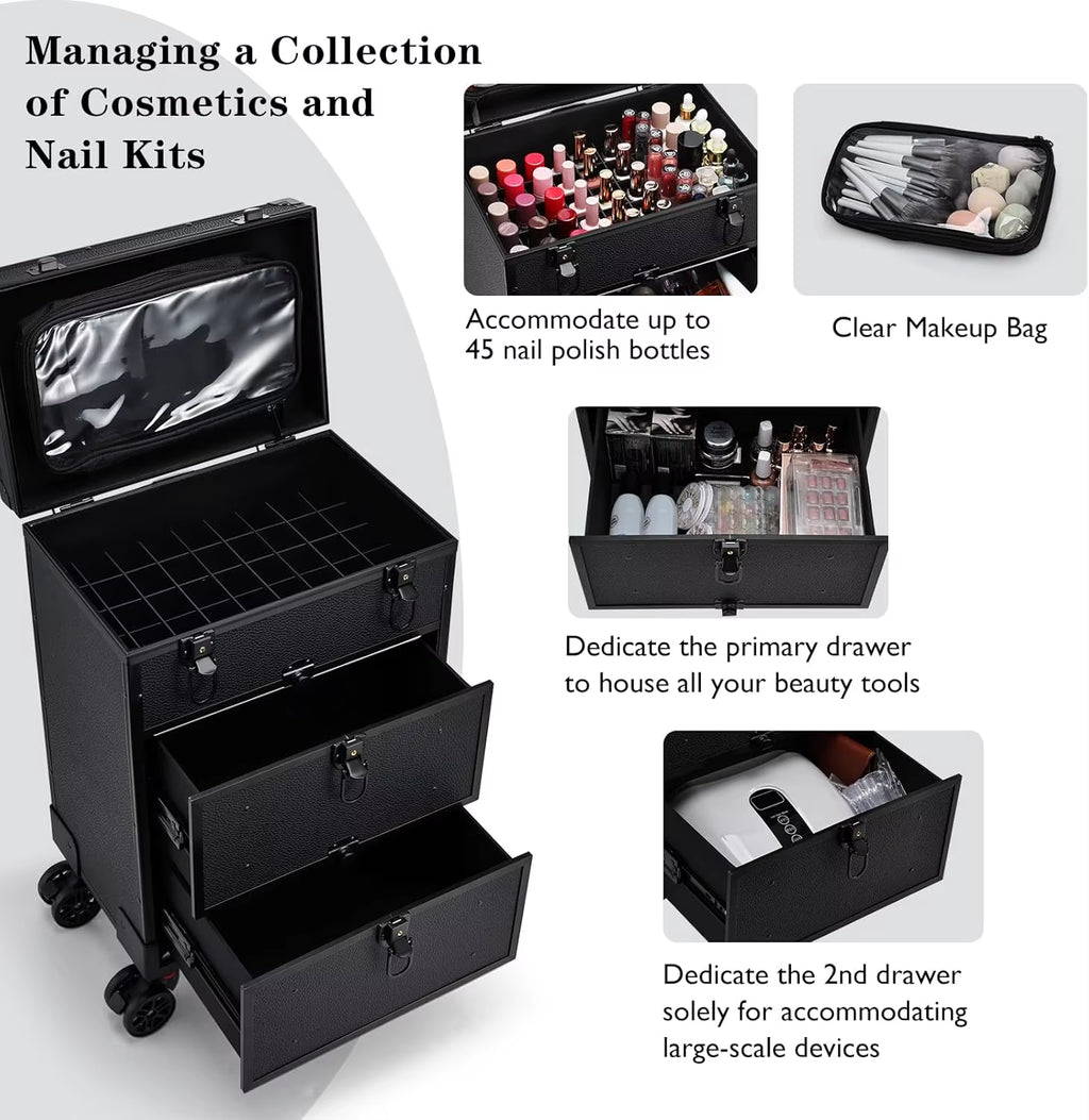 Leather Rolling Makeup Train Case with Wheels Professional Organizer