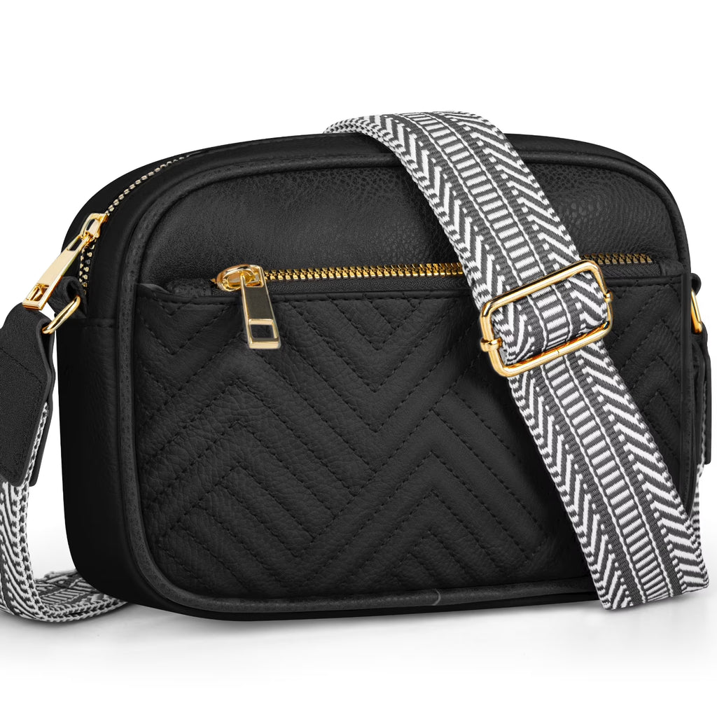 Women's Quilted Crossbody Bag Vegan Leather Wide Strap Shoulder Bag