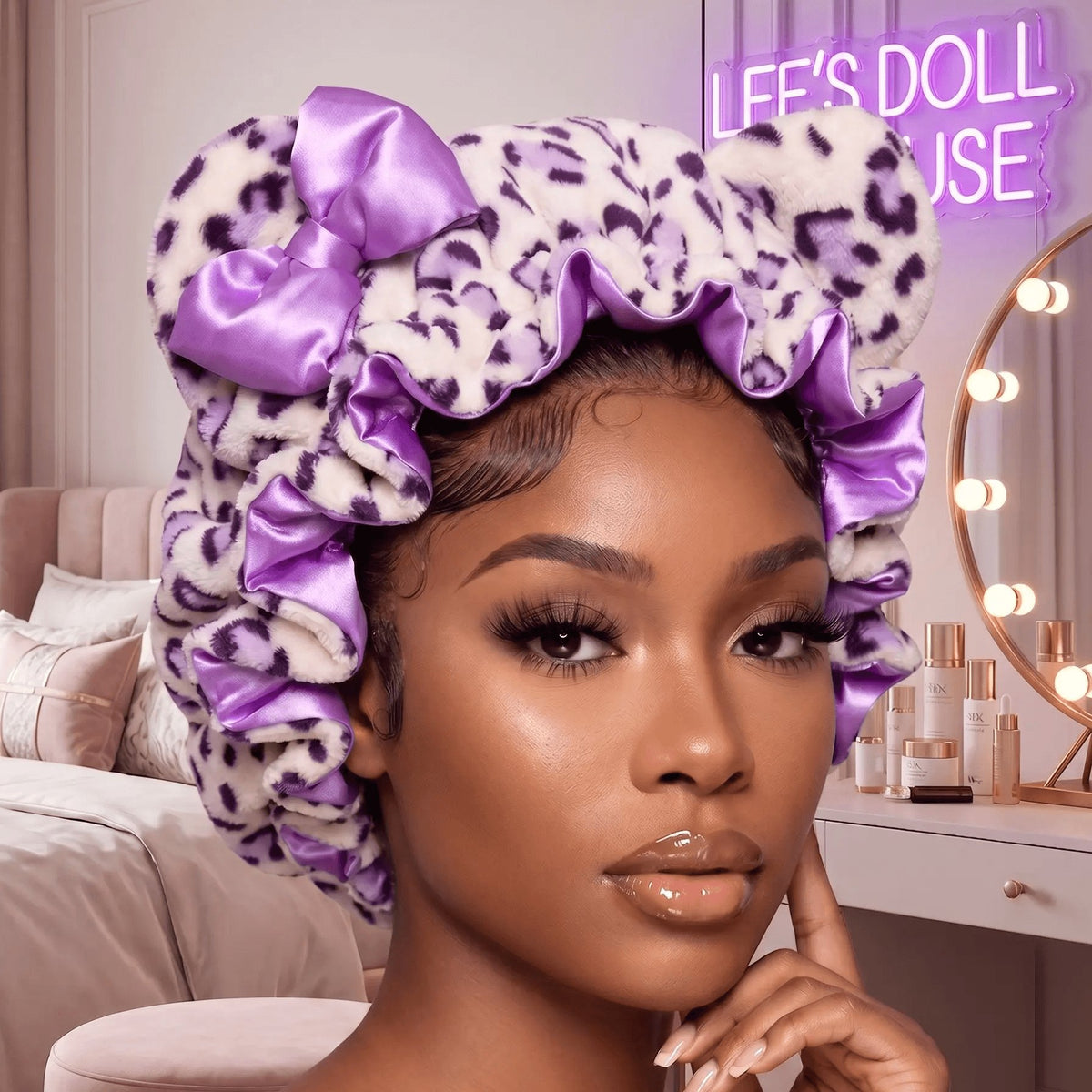 Women's Hooded Sleep Bonnet – Satin Lined Teddy Hair Bonnet with Pink Leopard Print for Curly Hair, Protective Night Cap