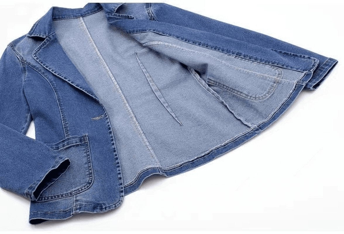 Denim Jacket Women'S Slim Fit Suit Collar Solid Color Outerwear One Button Top