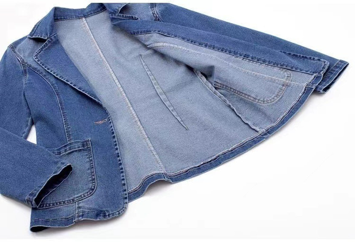 Denim Jacket Women'S Slim Fit Suit Collar Solid Color Outerwear One Button Top