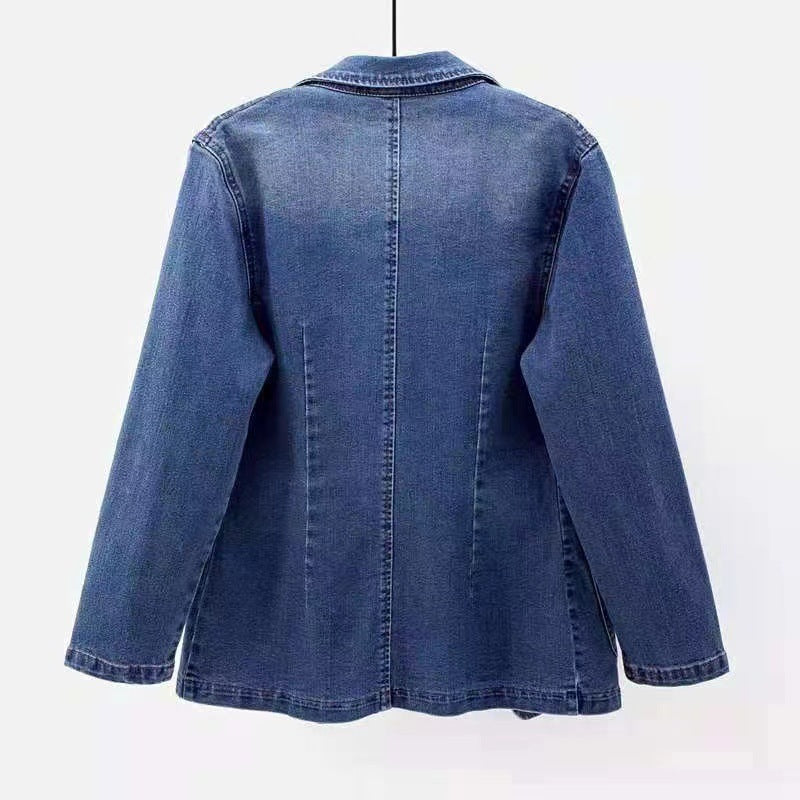 Denim Jacket Women'S Slim Fit Suit Collar Solid Color Outerwear One Button Top