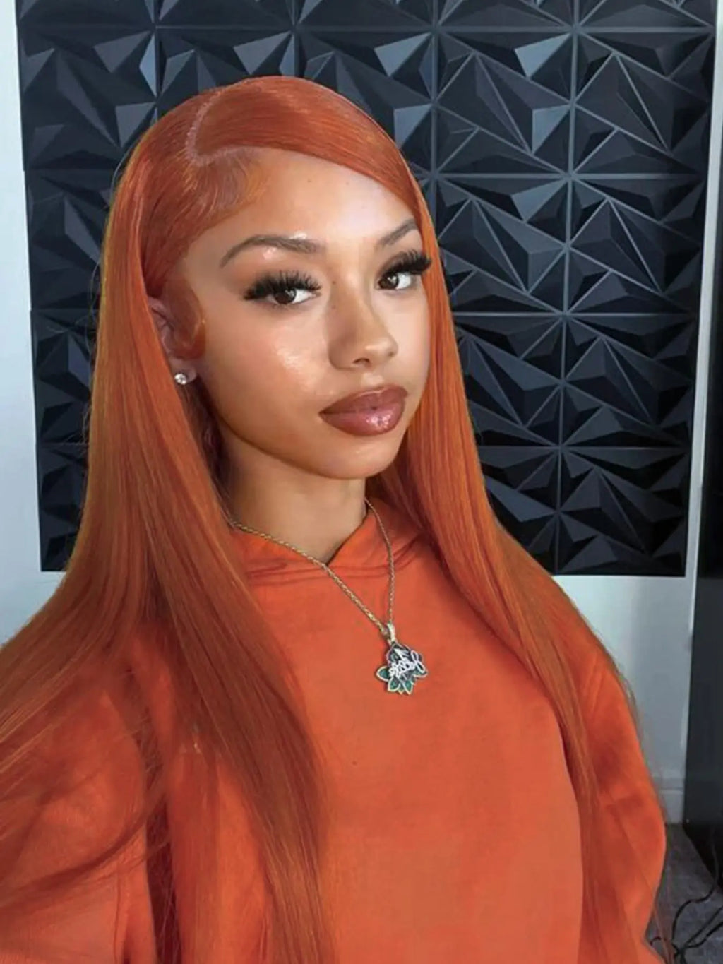 28-Inch Orange Straight Glueless Lace Front Wig – Long Synthetic Hair Wig for Women, Fluffy HD Lace Front