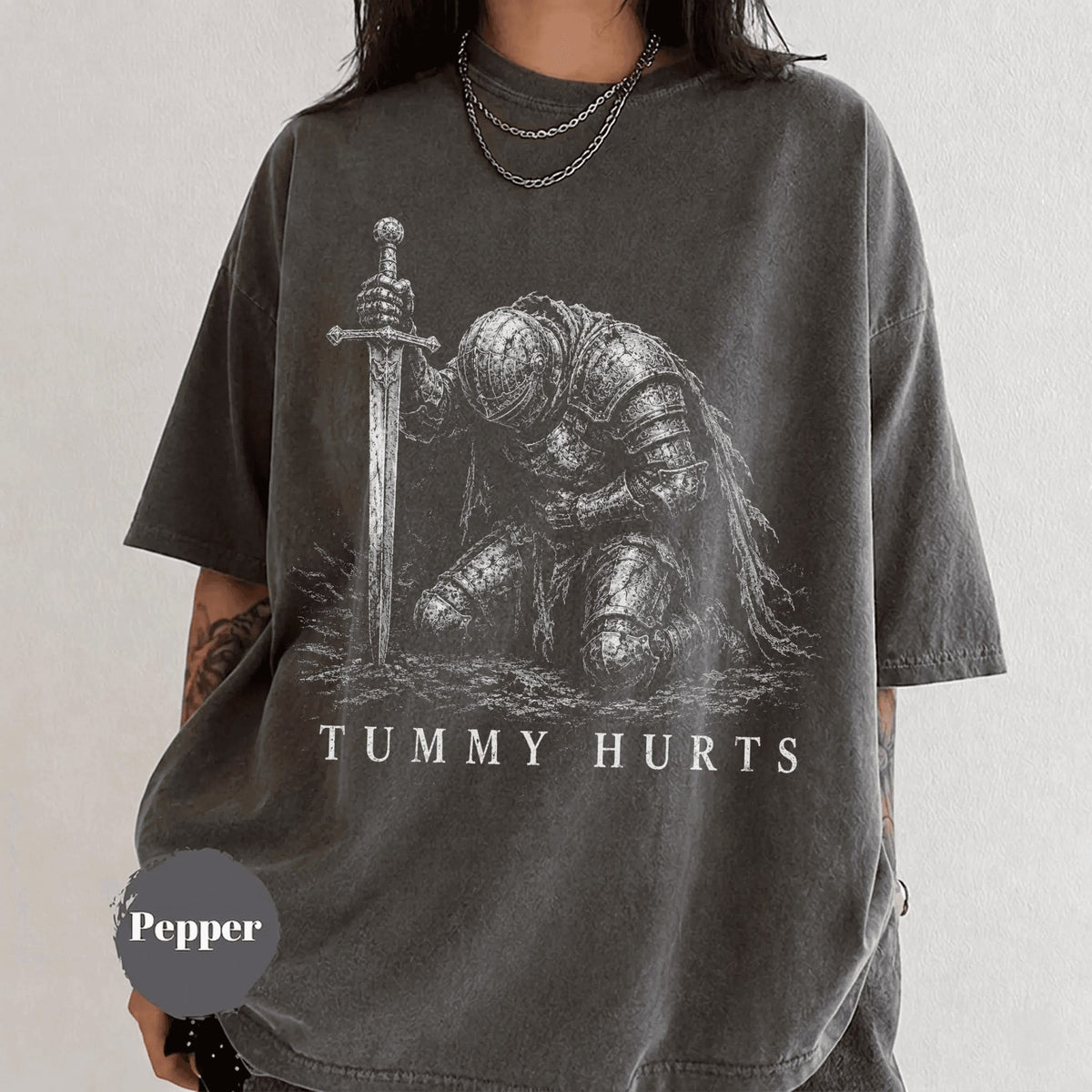 Tummy Hurts Knight Shirt Funny Dark Fantasy Graphic Meme T-Shirt