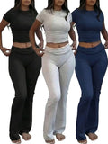Women's Soft Lounge Set – Short Sleeve Crop Top & Flare Leg Pants Casual Loungewear Set