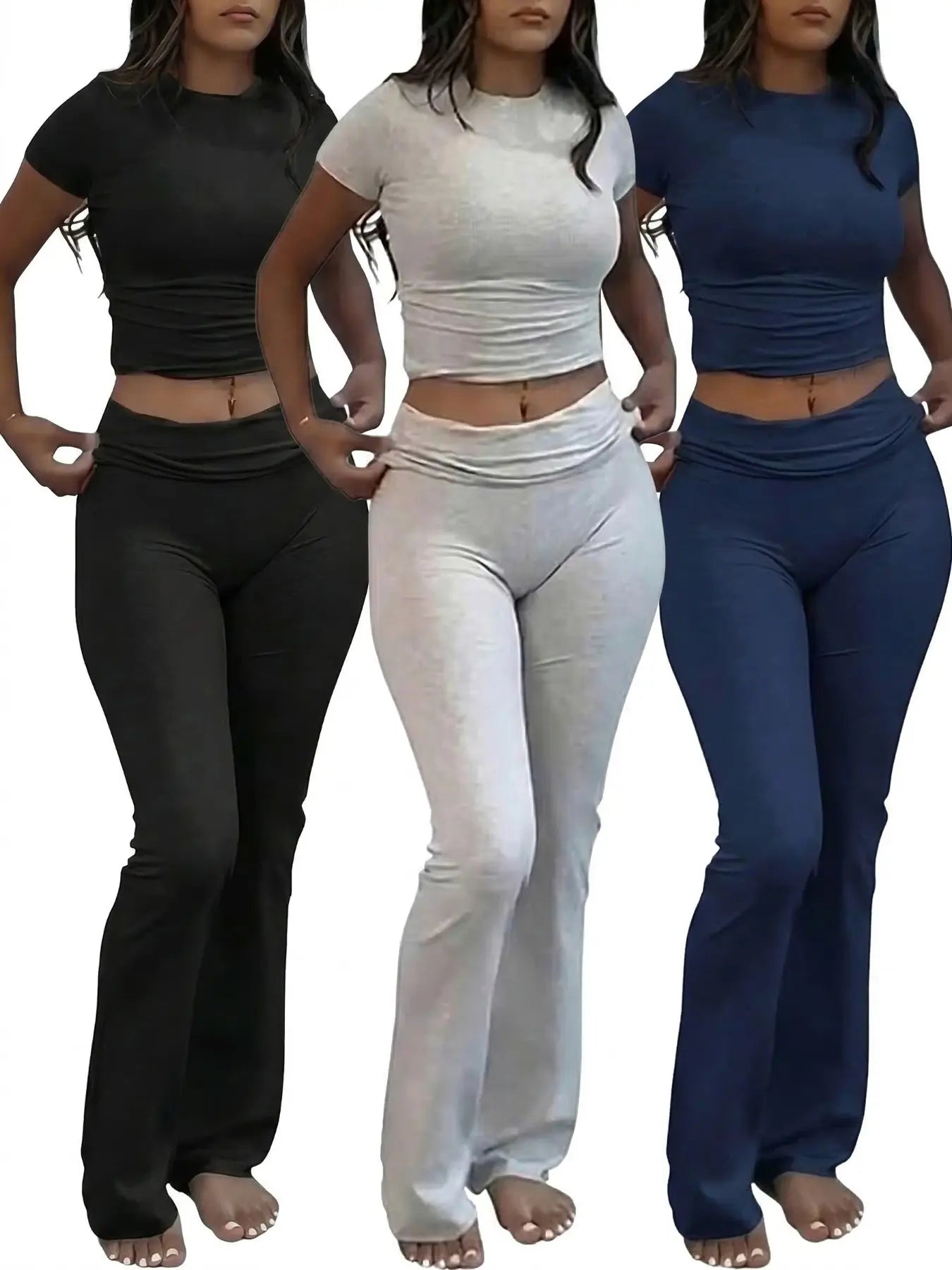 Women's Soft Lounge Set – Short Sleeve Crop Top & Flare Leg Pants Casual Loungewear Set