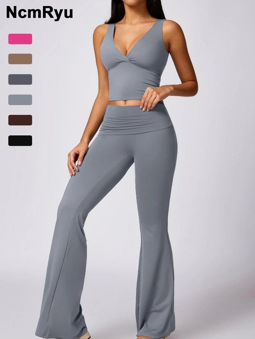 Women's Deep V-Neck Sports Bra & Flare Leggings Set – High-Waist Yoga Workout Athleisure Outfit