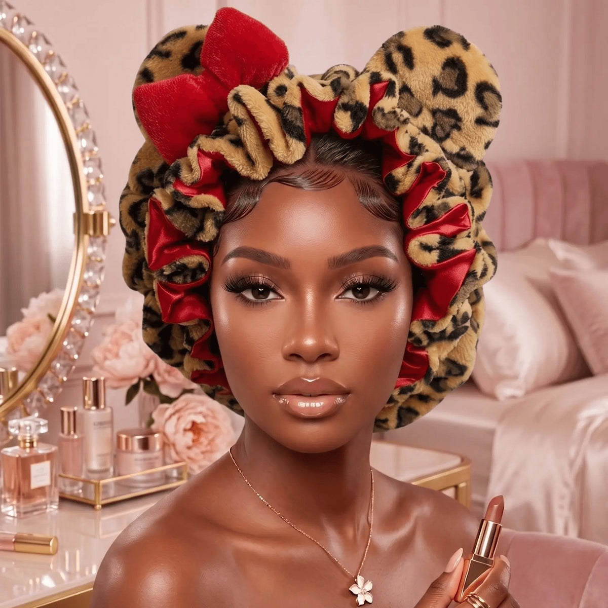 Women's Hooded Sleep Bonnet – Satin Lined Teddy Hair Bonnet with Pink Leopard Print for Curly Hair, Protective Night Cap