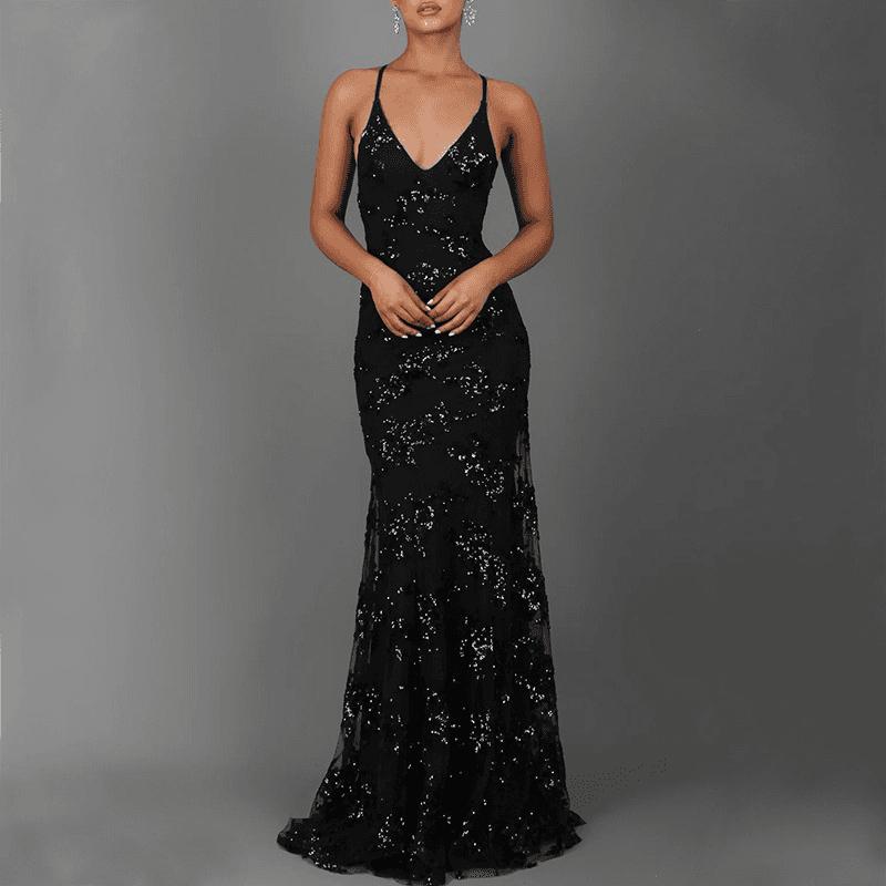Women's Sequin V-Neck Backless Maxi Dress High Waist Evening Gown
