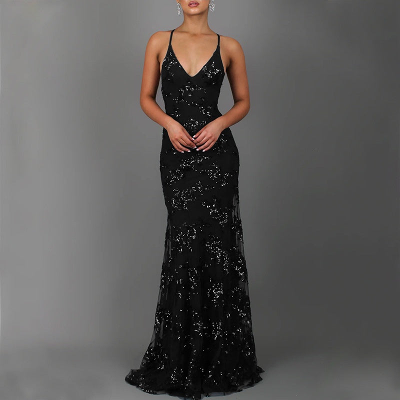 Women's Sequin V-Neck Backless Maxi Dress High Waist Evening Gown