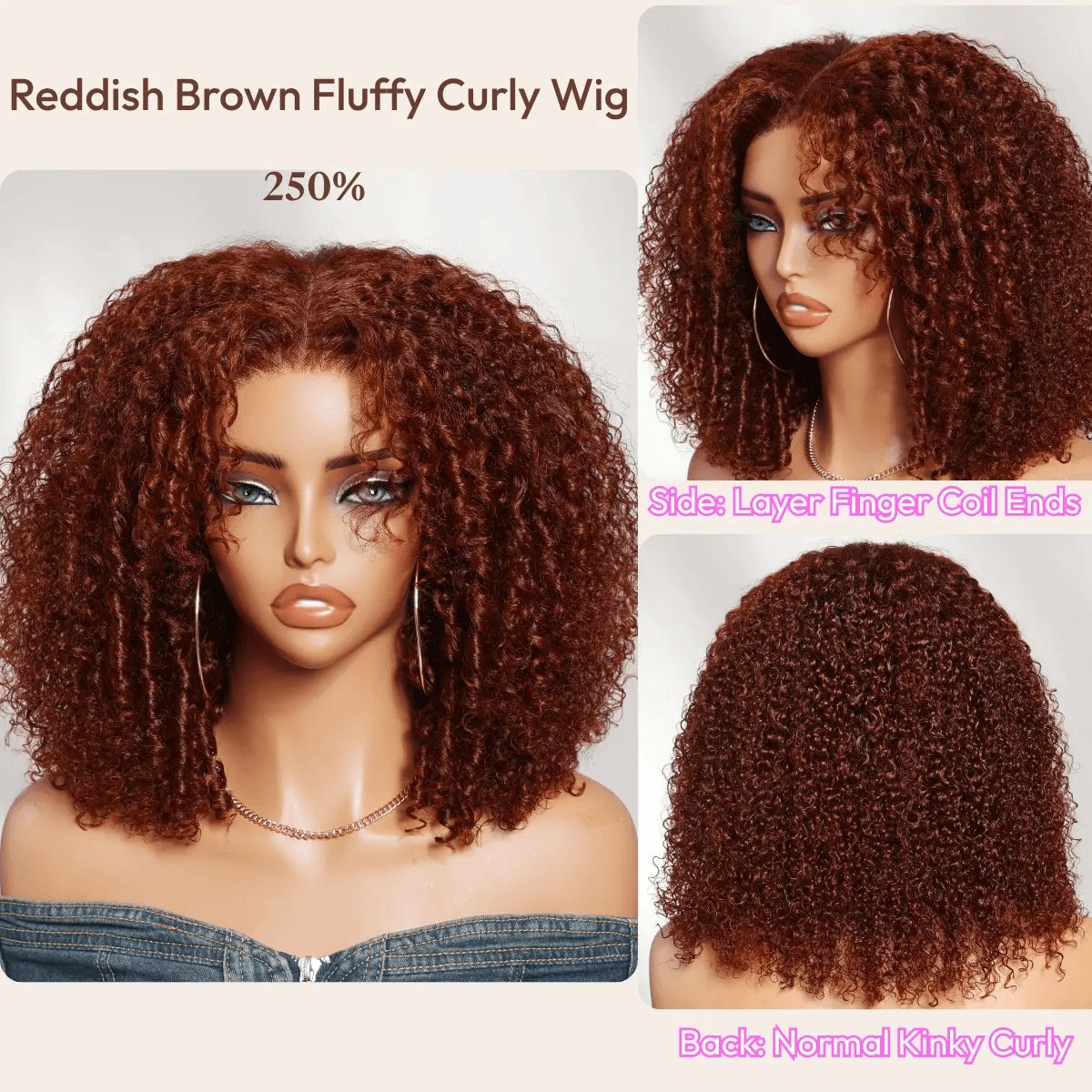 UNice 250% Density Reddish Brown Afro Kinky Curly Human Hair Wig 7x5 HD Lace Closure Glueless Wig Pre Plucked Natural Hairline
