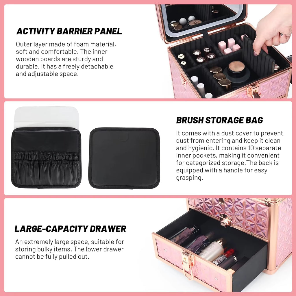 Professional Makeup Train Case with Mirror & Adjustable Dividers