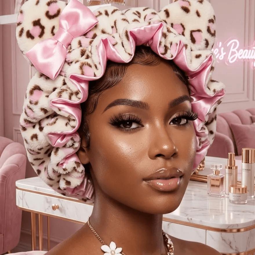 Women's Hooded Sleep Bonnet – Satin Lined Teddy Hair Bonnet with Pink Leopard Print for Curly Hair, Protective Night Cap