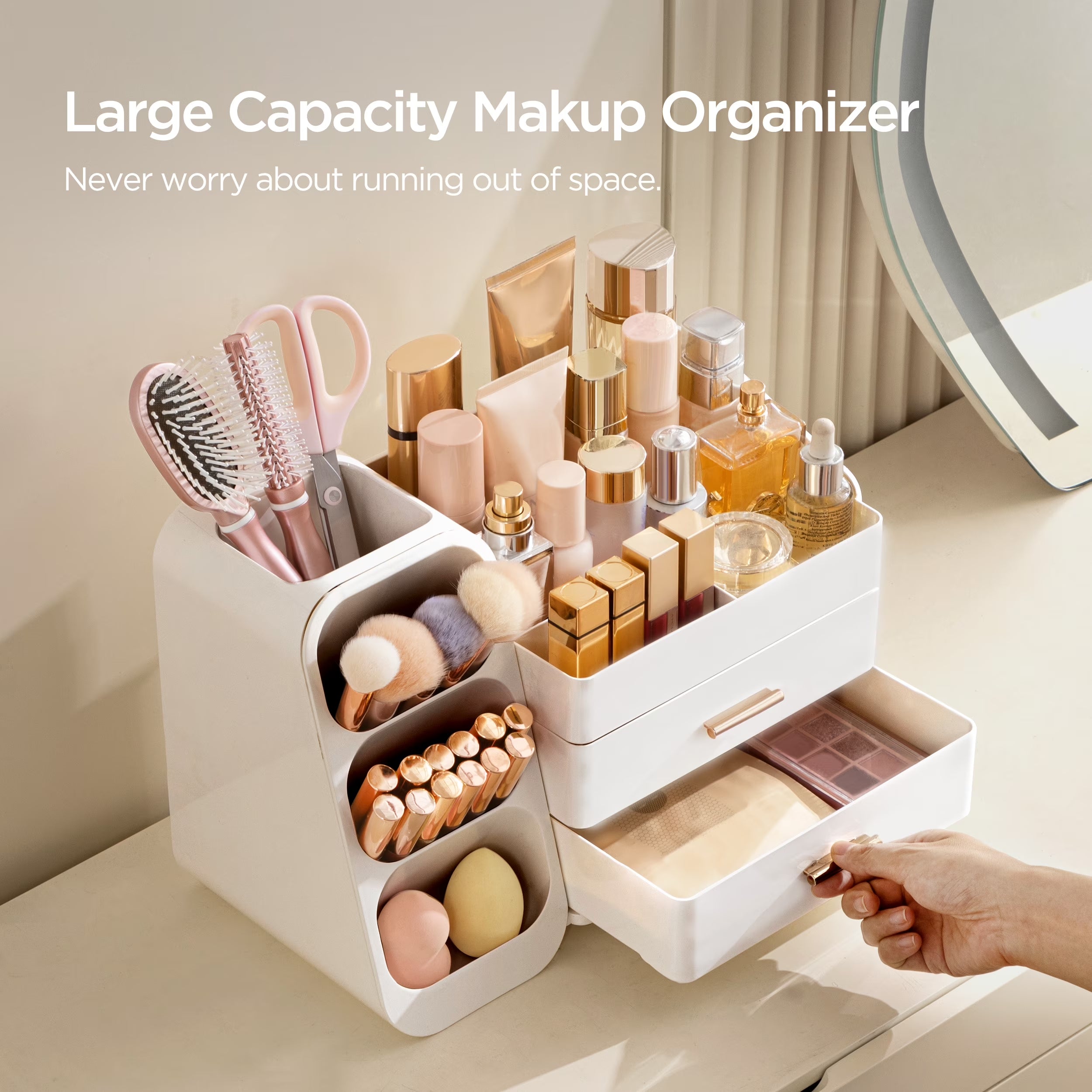 Large Makeup Organizer with Brush Holder White Vanity Storage Case
