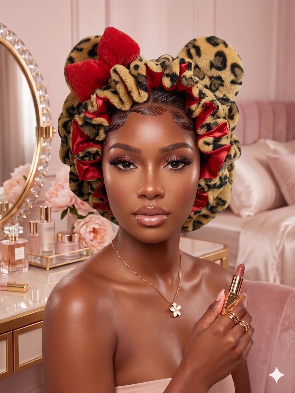 Women's Hooded Sleep Bonnet – Satin Lined Teddy Hair Bonnet with Pink Leopard Print for Curly Hair, Protective Night Cap