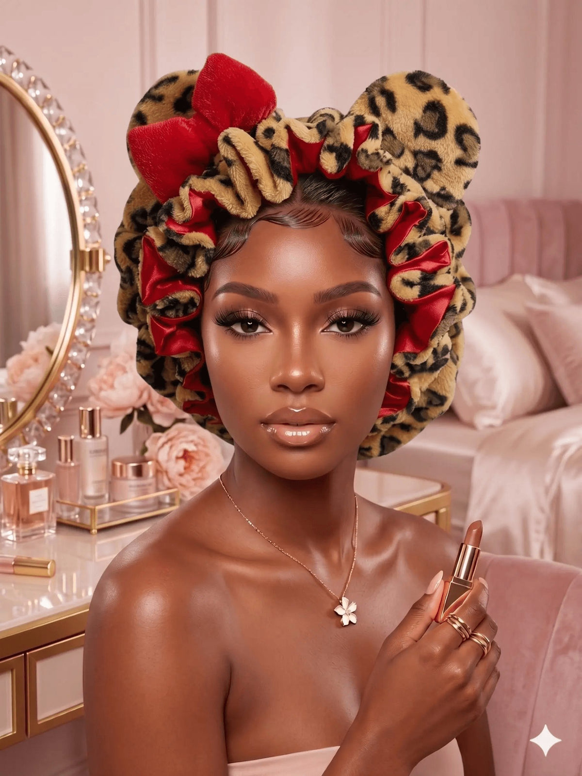 Women's Hooded Sleep Bonnet – Satin Lined Teddy Hair Bonnet with Pink Leopard Print for Curly Hair, Protective Night Cap