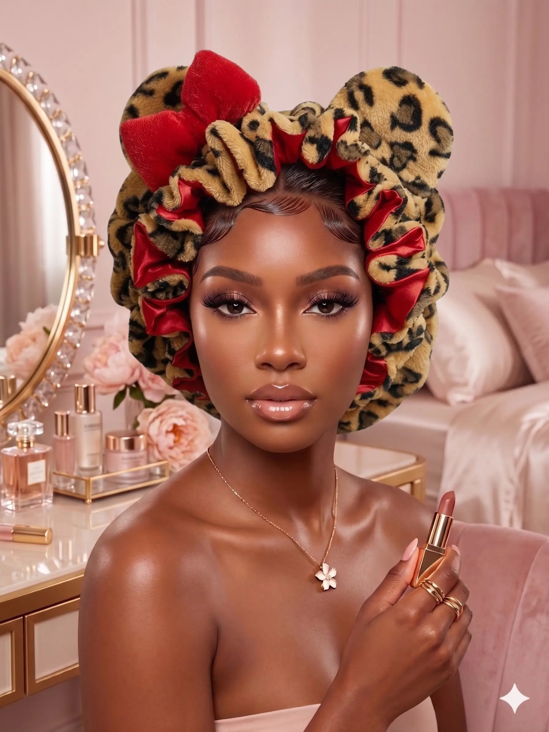 Women's Hooded Sleep Bonnet – Satin Lined Teddy Hair Bonnet with Pink Leopard Print for Curly Hair, Protective Night Cap