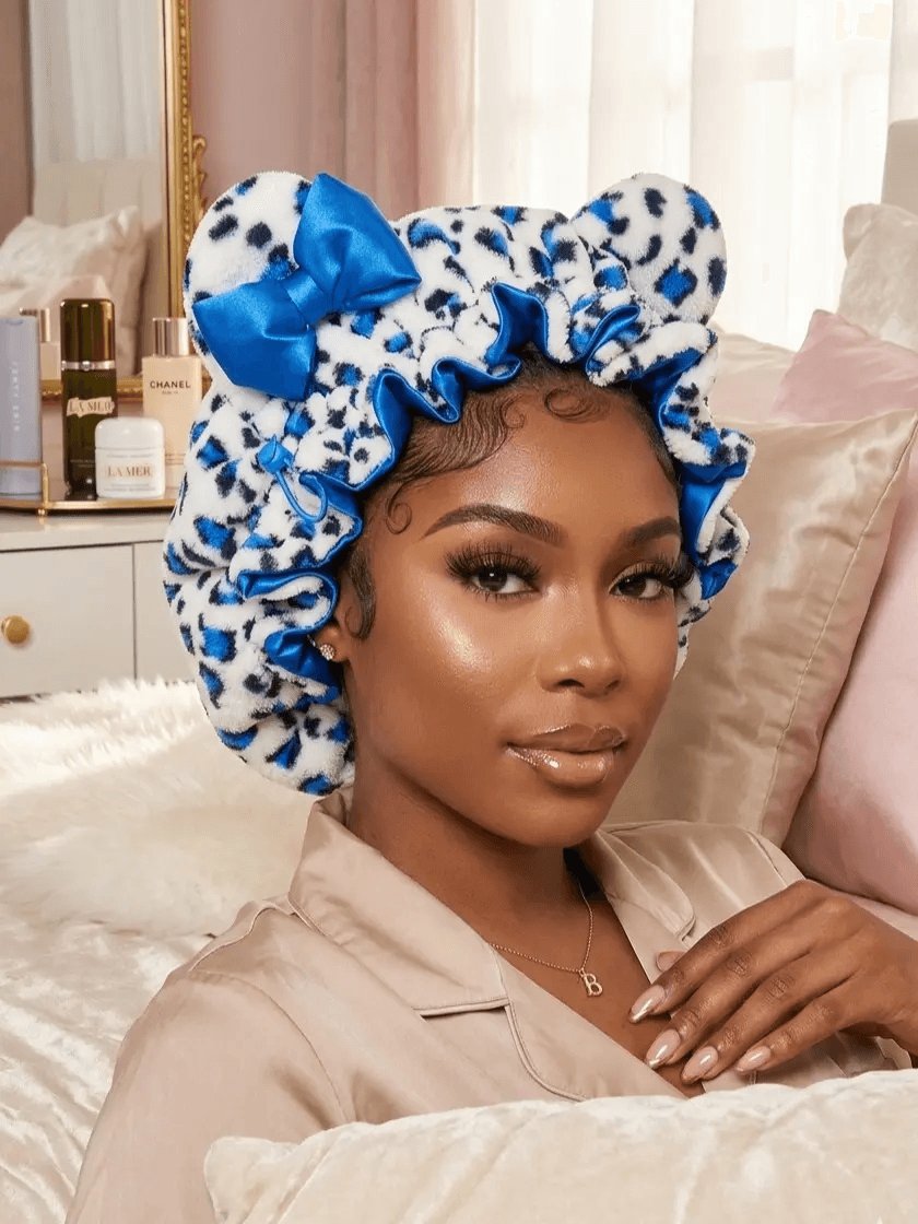 Women's Hooded Sleep Bonnet – Satin Lined Teddy Hair Bonnet with Pink Leopard Print for Curly Hair, Protective Night Cap