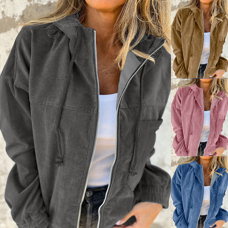 Solid Color Women'S Corduroy Hooded Jacket