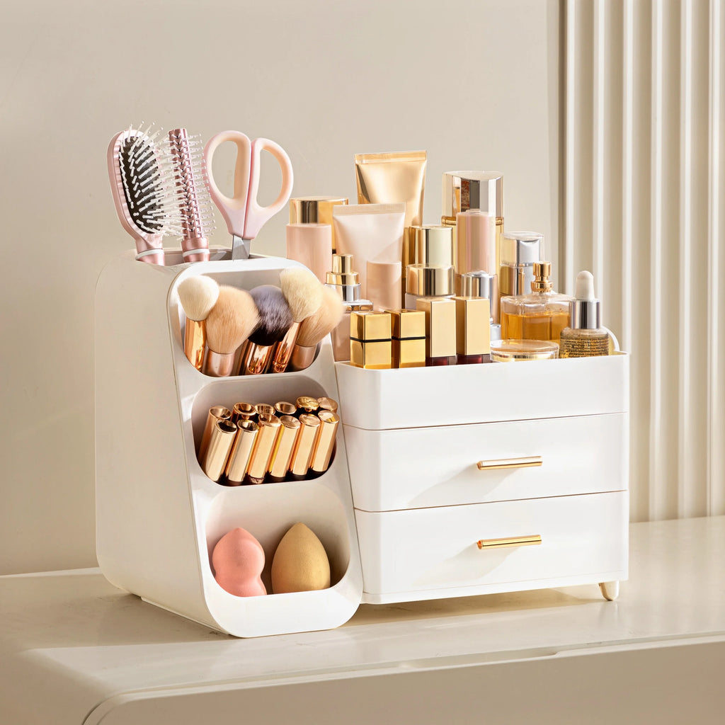 Large Makeup Organizer with Brush Holder White Vanity Storage Case