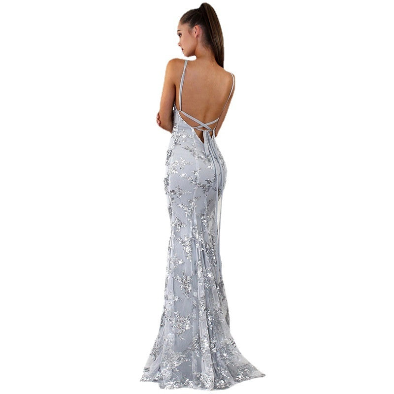 Women's Sequin V-Neck Backless Maxi Dress High Waist Evening Gown