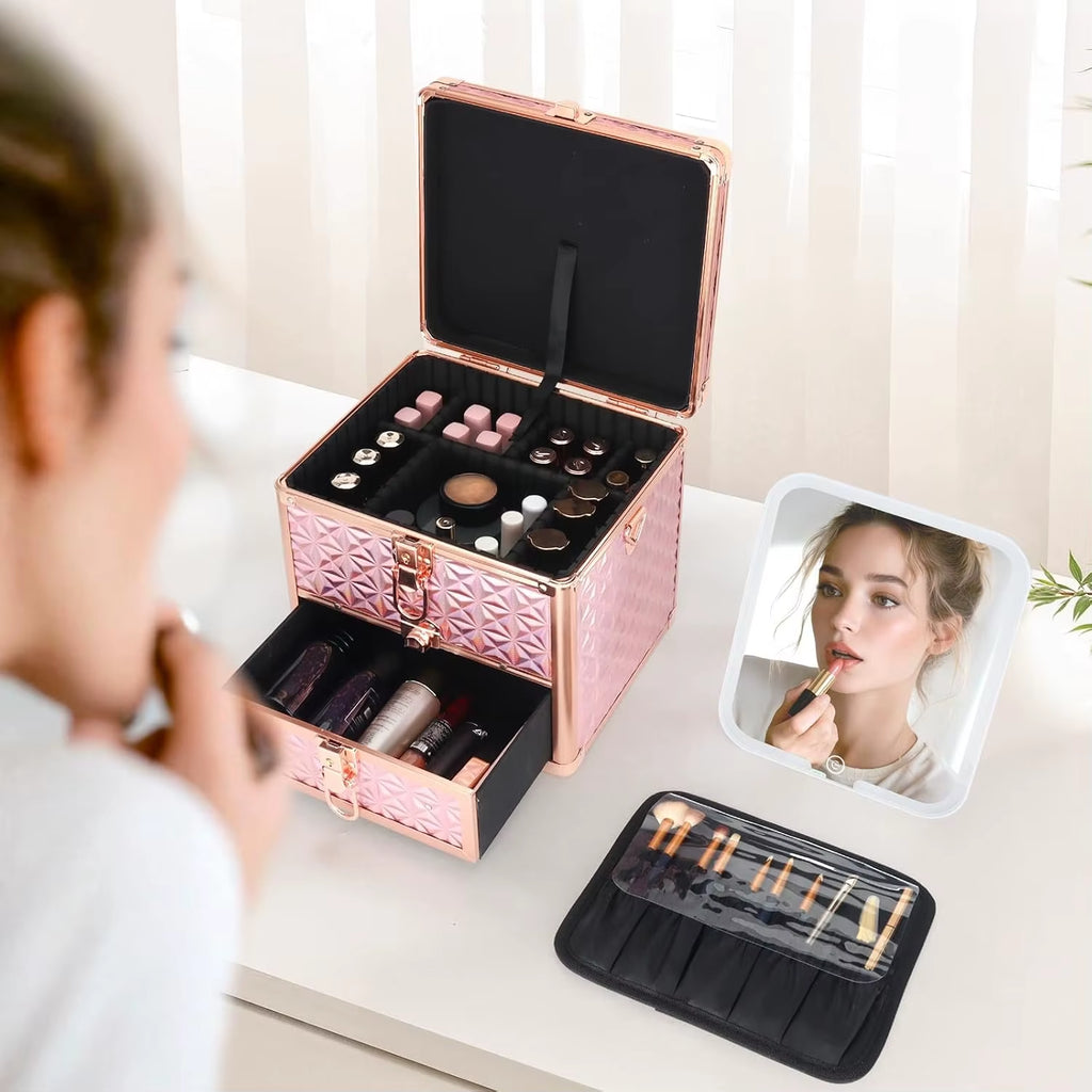 Professional Makeup Train Case with Mirror & Adjustable Dividers