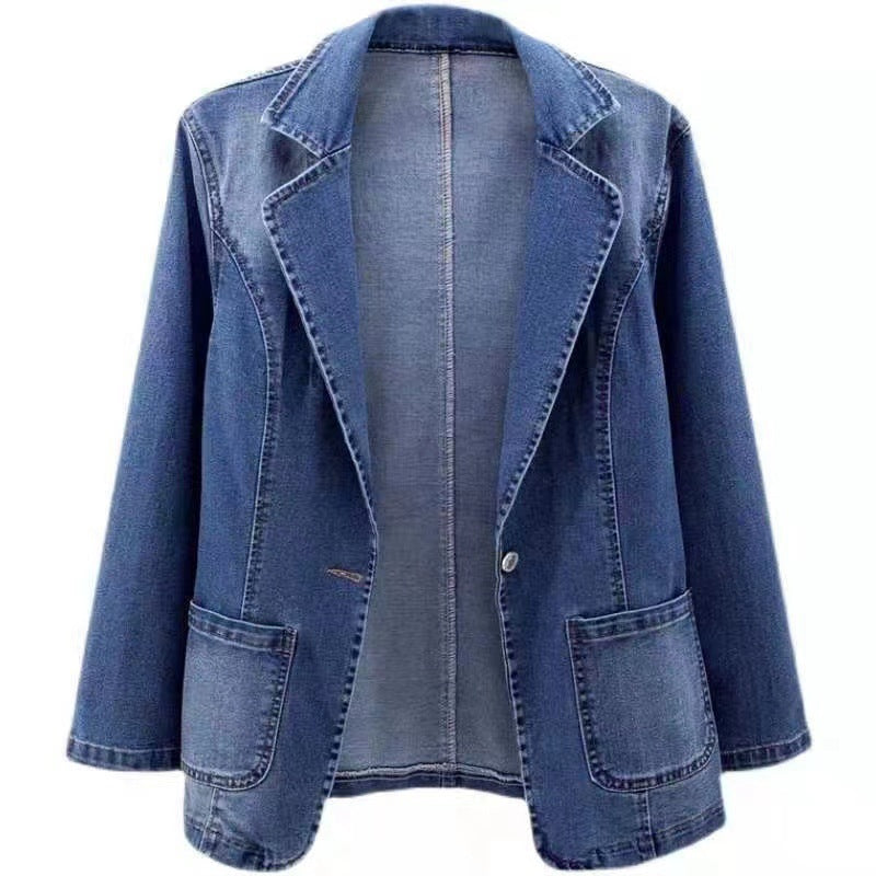 Denim Jacket Women'S Slim Fit Suit Collar Solid Color Outerwear One Button Top