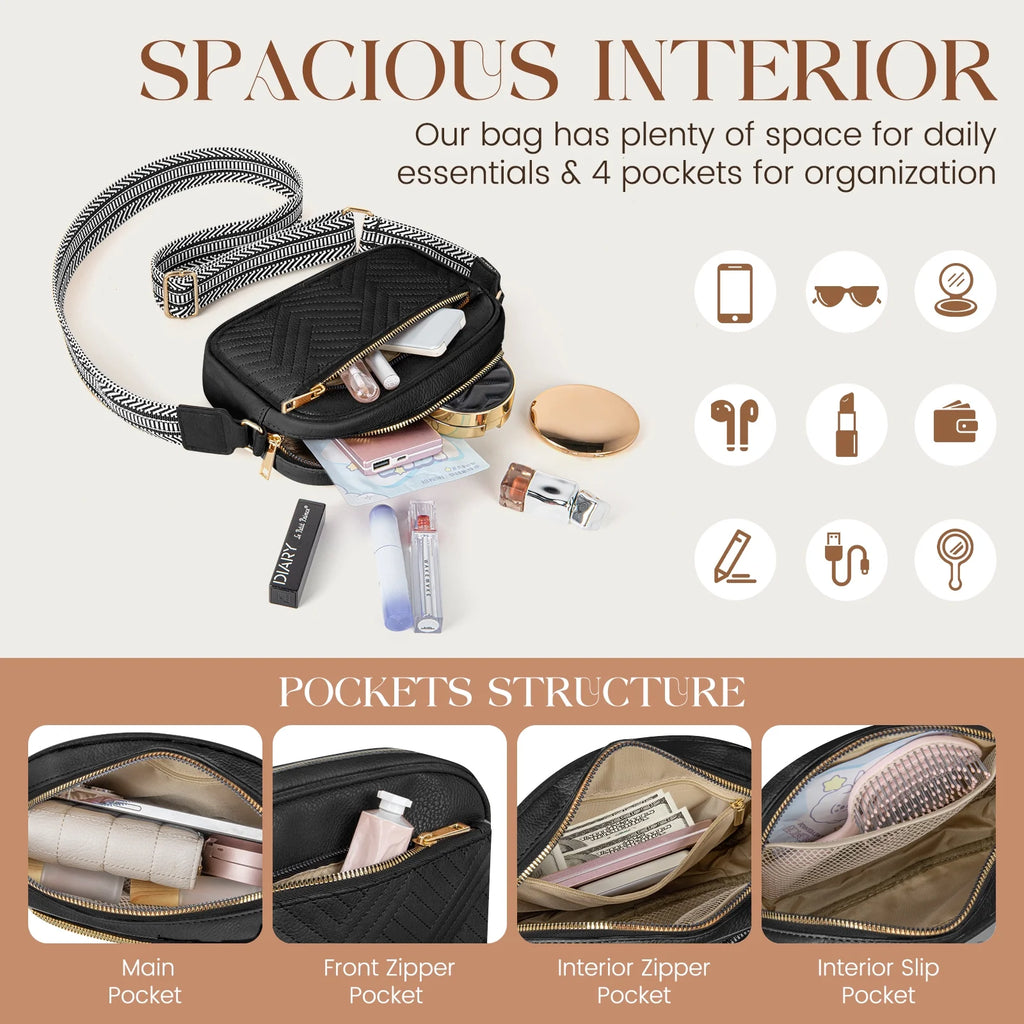 Women's Quilted Crossbody Bag Vegan Leather Wide Strap Shoulder Bag