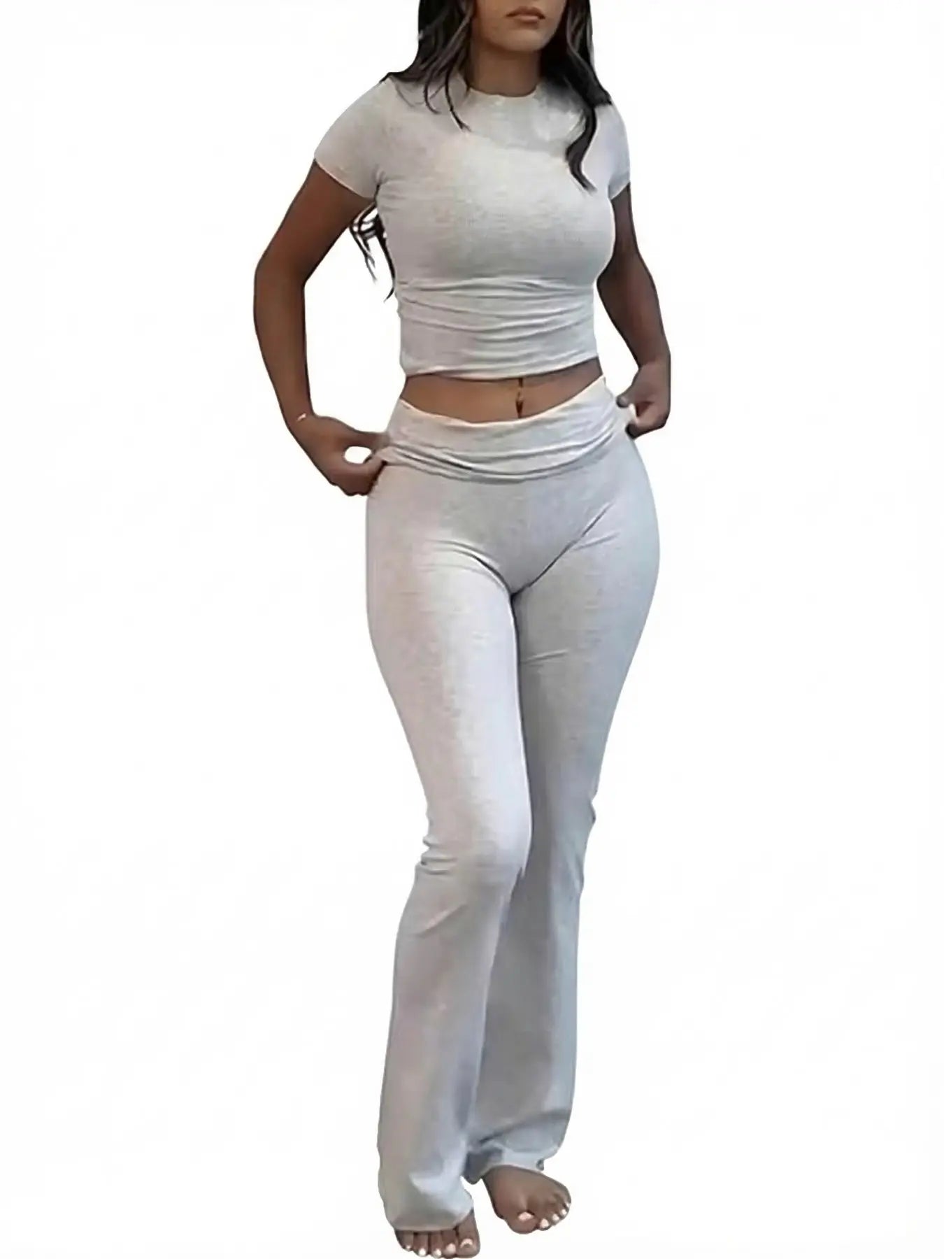 Women's Soft Lounge Set – Short Sleeve Crop Top & Flare Leg Pants Casual Loungewear Set