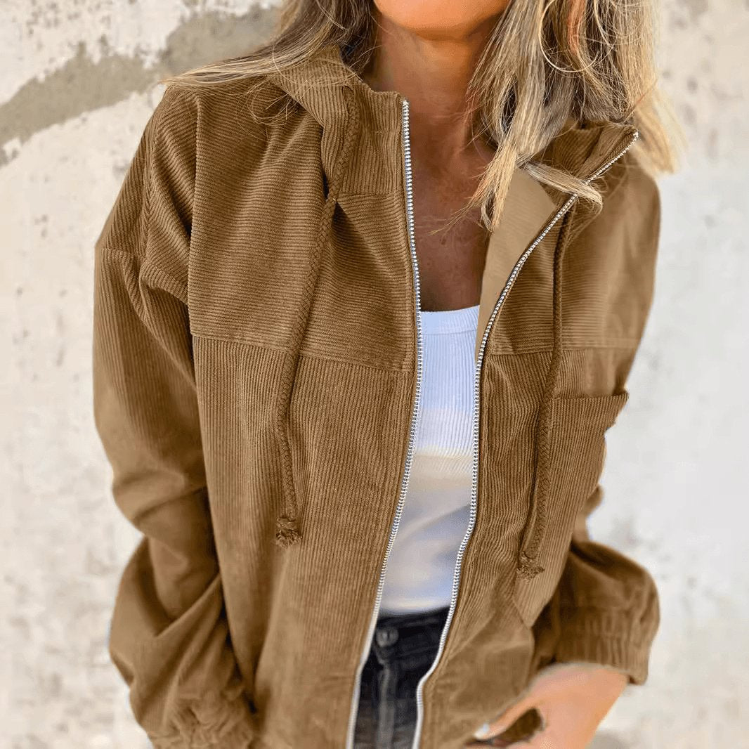 Solid Color Women'S Corduroy Hooded Jacket