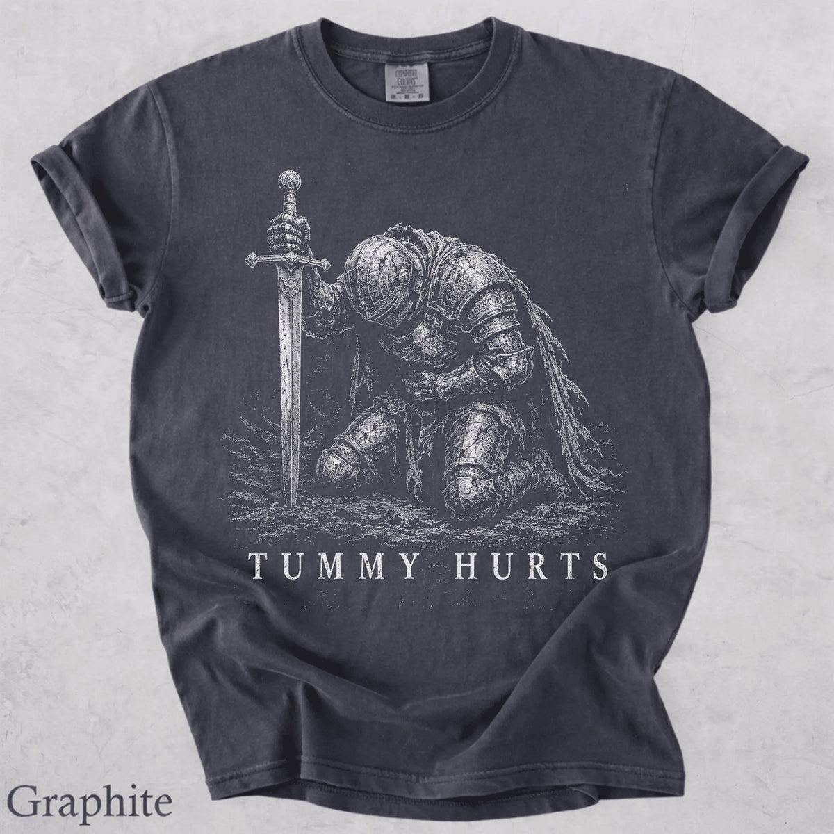 Tummy Hurts Knight Shirt Funny Dark Fantasy Graphic Meme T-Shirt