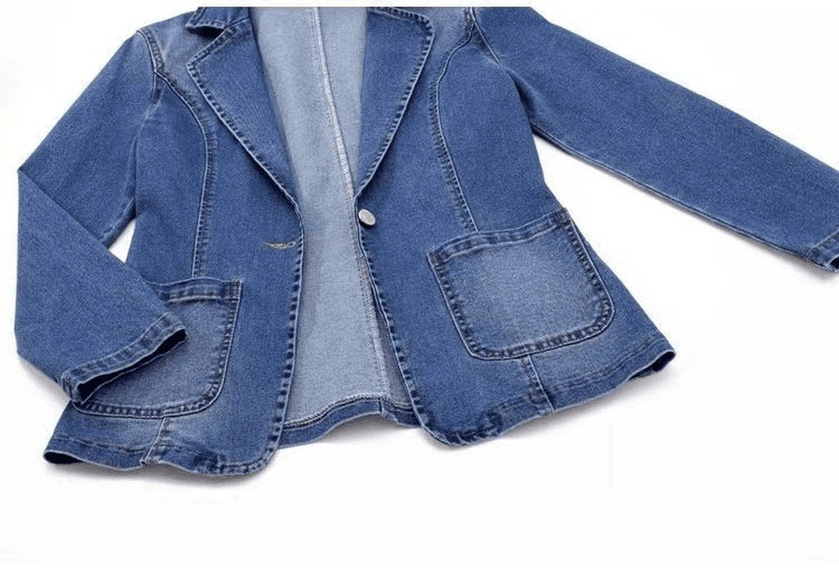 Denim Jacket Women'S Slim Fit Suit Collar Solid Color Outerwear One Button Top